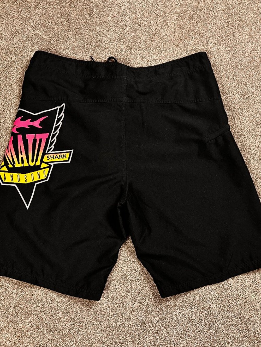 Y2K Maui and Sons Black Shark Neon Colors Board Shorts Swim Trunks Mens 38 Retro